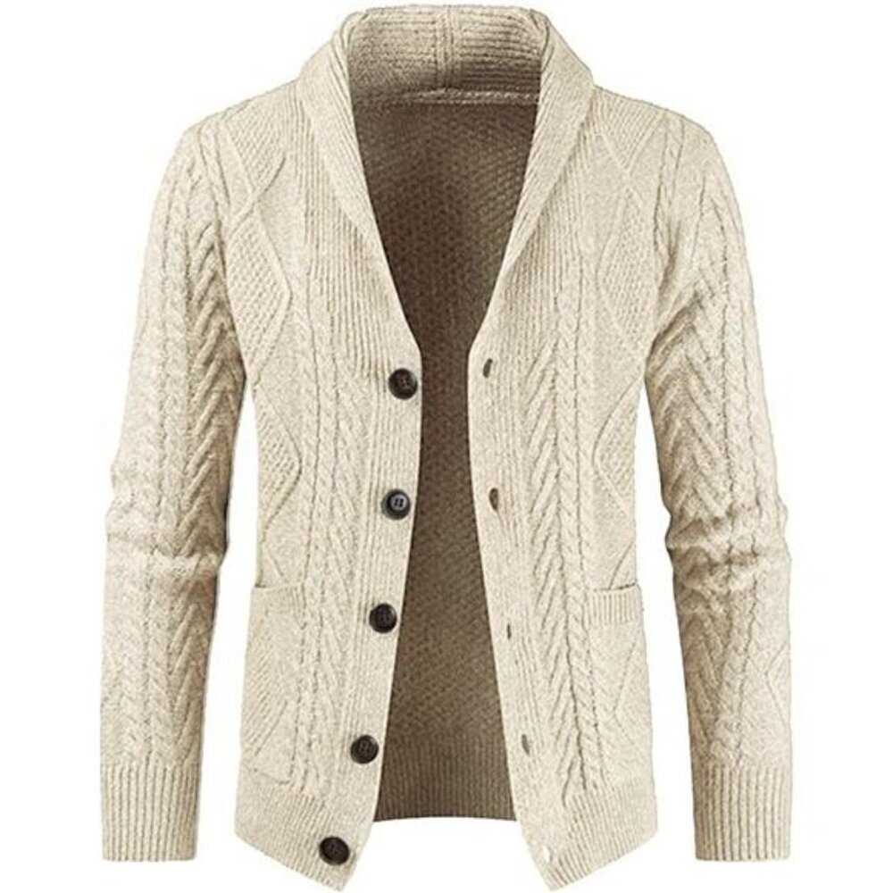 Men's Casual Long Sleeve Shawl Collar Buttons Down Cable Knit Cardigan